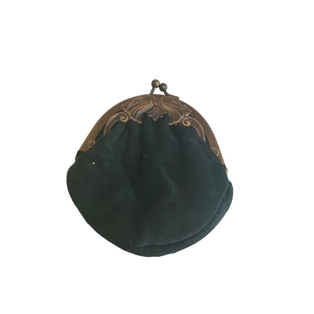Vintage Coin Purse Black Suede Made in Italy Ornate Brass Kiss Lock Frame Pouch